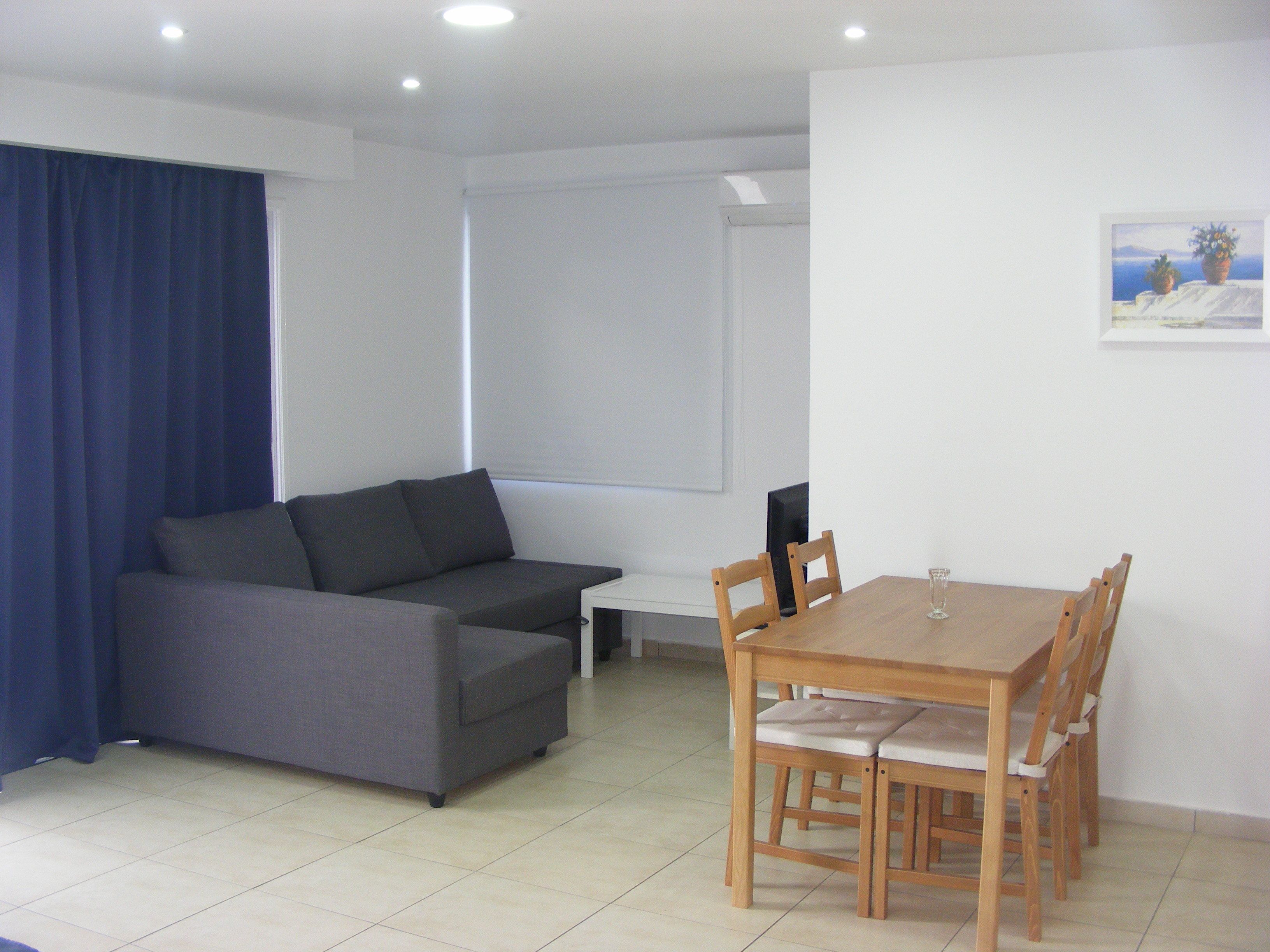 Una sala de estar moderna con un sofá gris, una mesa de comedor de madera con sillas, un televisor y un cuadro en la pared.