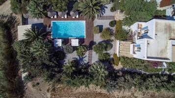Vista aérea de una propiedad con piscina, rodeada de palmeras y otra vegetación, con una casa moderna contigua.