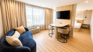Premium bedding, desk, blackout curtains, soundproofing