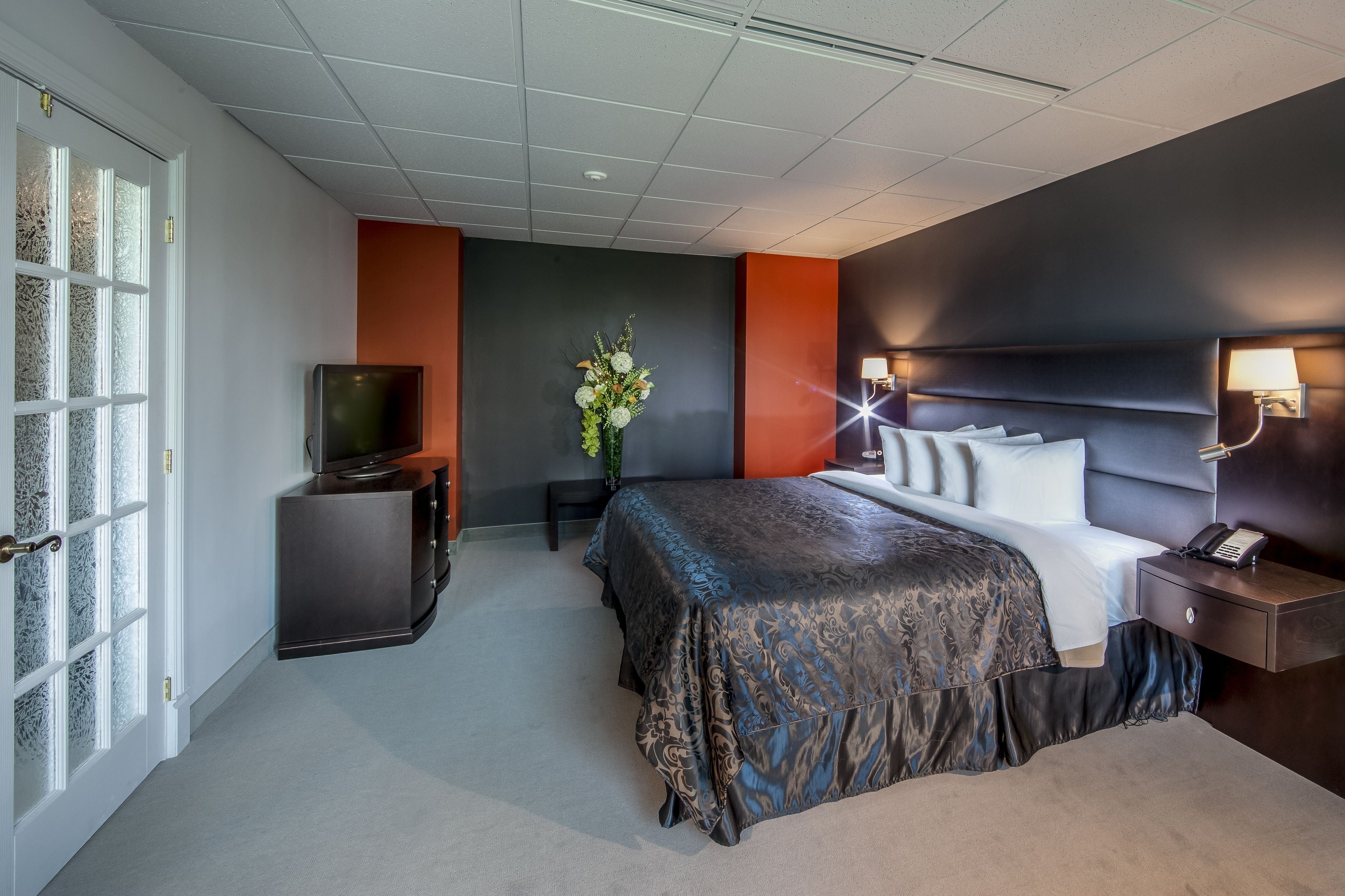 Una habitación de hotel moderna con una cama grande, una mesita de noche con lámpara, un televisor en un mueble y una planta decorativa.