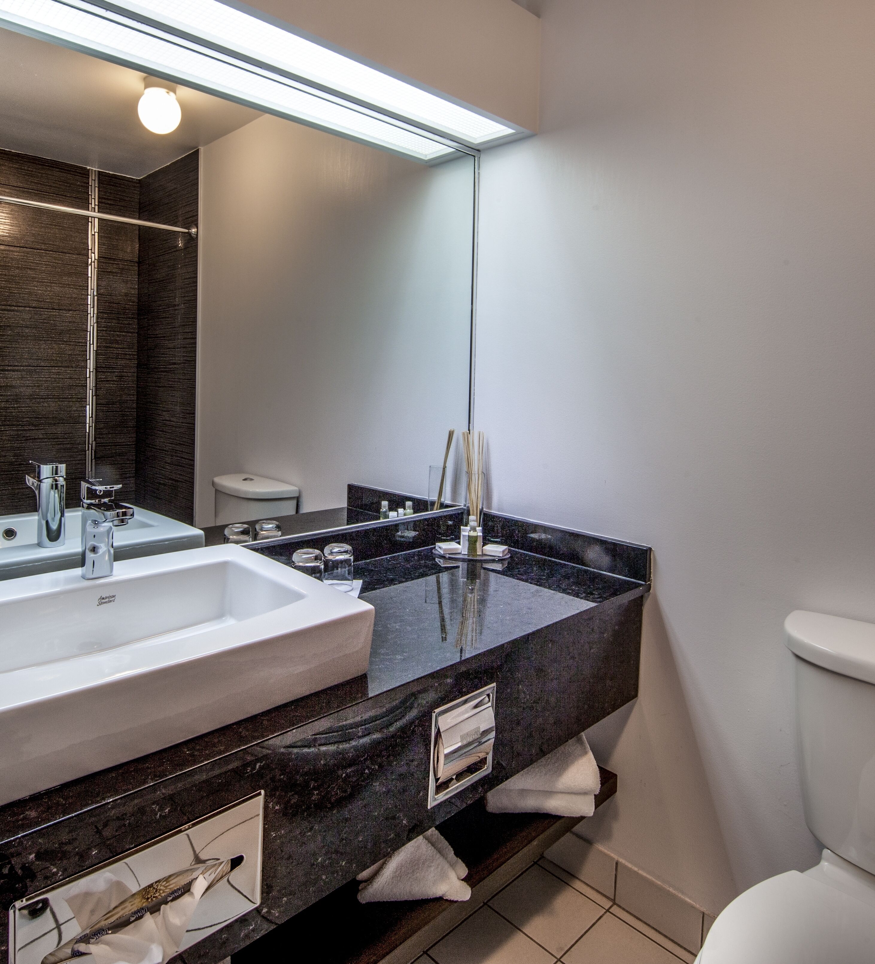 combined shower/bathtub, free toiletries, hair dryer, bathrobes