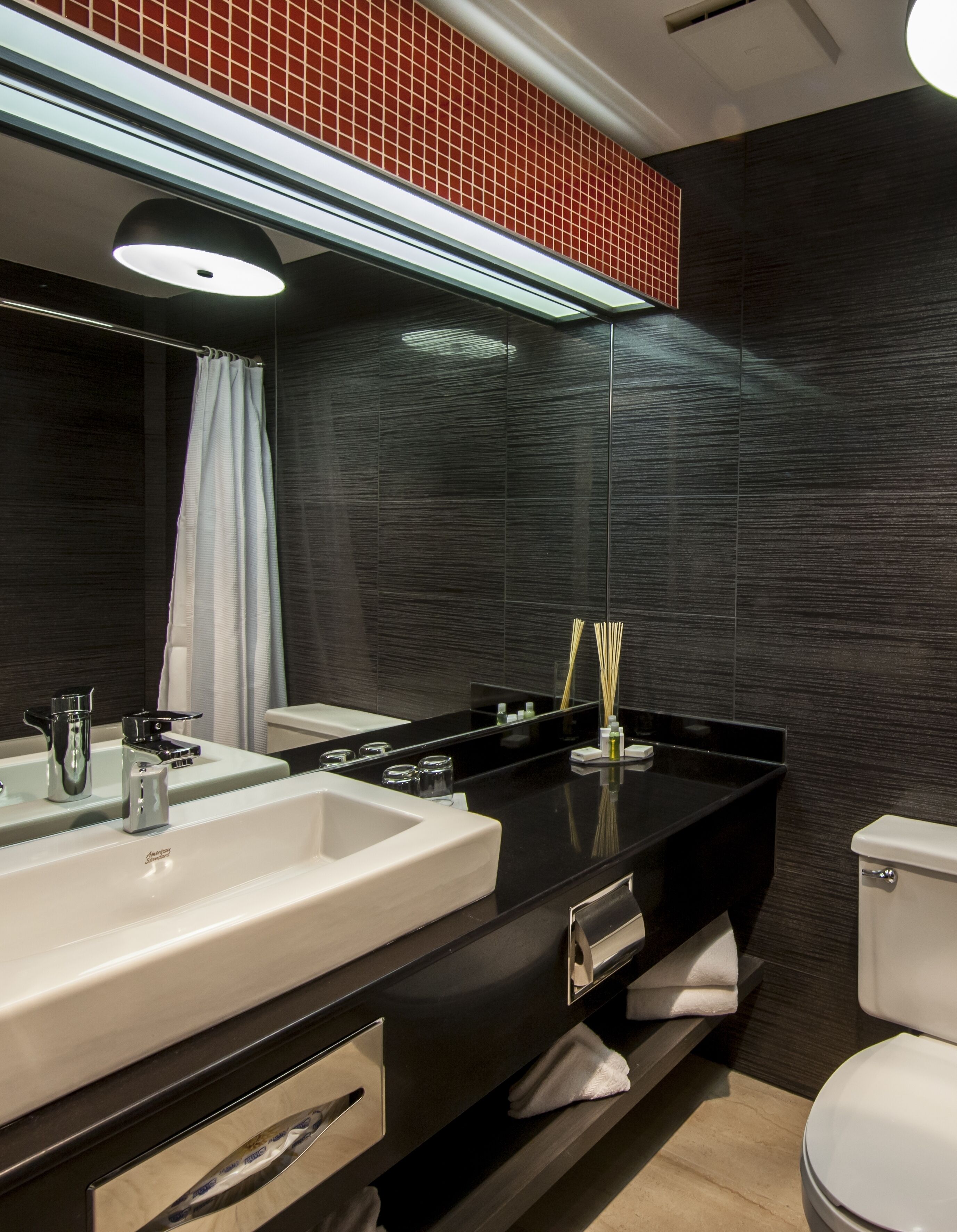 combined shower/bathtub, free toiletries, hair dryer, bathrobes