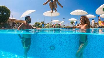 Seasonal outdoor pool, pool umbrellas, pool loungers