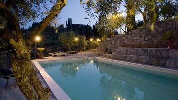 Seasonal outdoor pool, open 7:30 AM to 8:00 PM, pool umbrellas