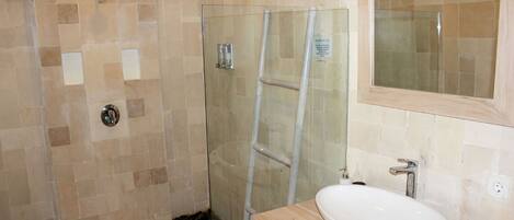 A bathroom with a glass shower enclosure, a sink, and a mirror.