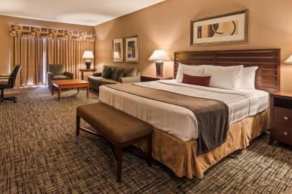 A hotel room with a large bed, a desk, a chair, a bench, and a window with curtains.