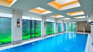 Una piscina interior con tragaluces, ventanas amplias y vistas al verdor exterior.