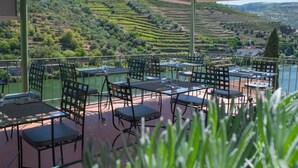 An outdoor terrace with tables and chairs, overlooking a vineyard and a river.