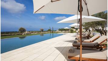 Outdoor pool, pool umbrellas, sun loungers