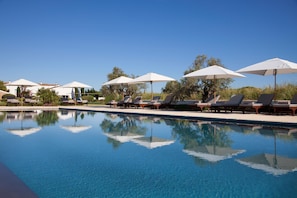 Outdoor pool, pool umbrellas, pool loungers
