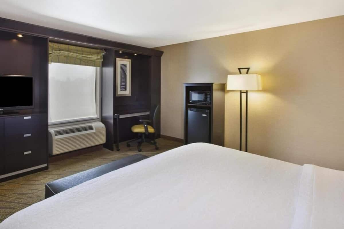 A hotel room with a bed, a desk, a chair, a television, a microwave, and a lamp.