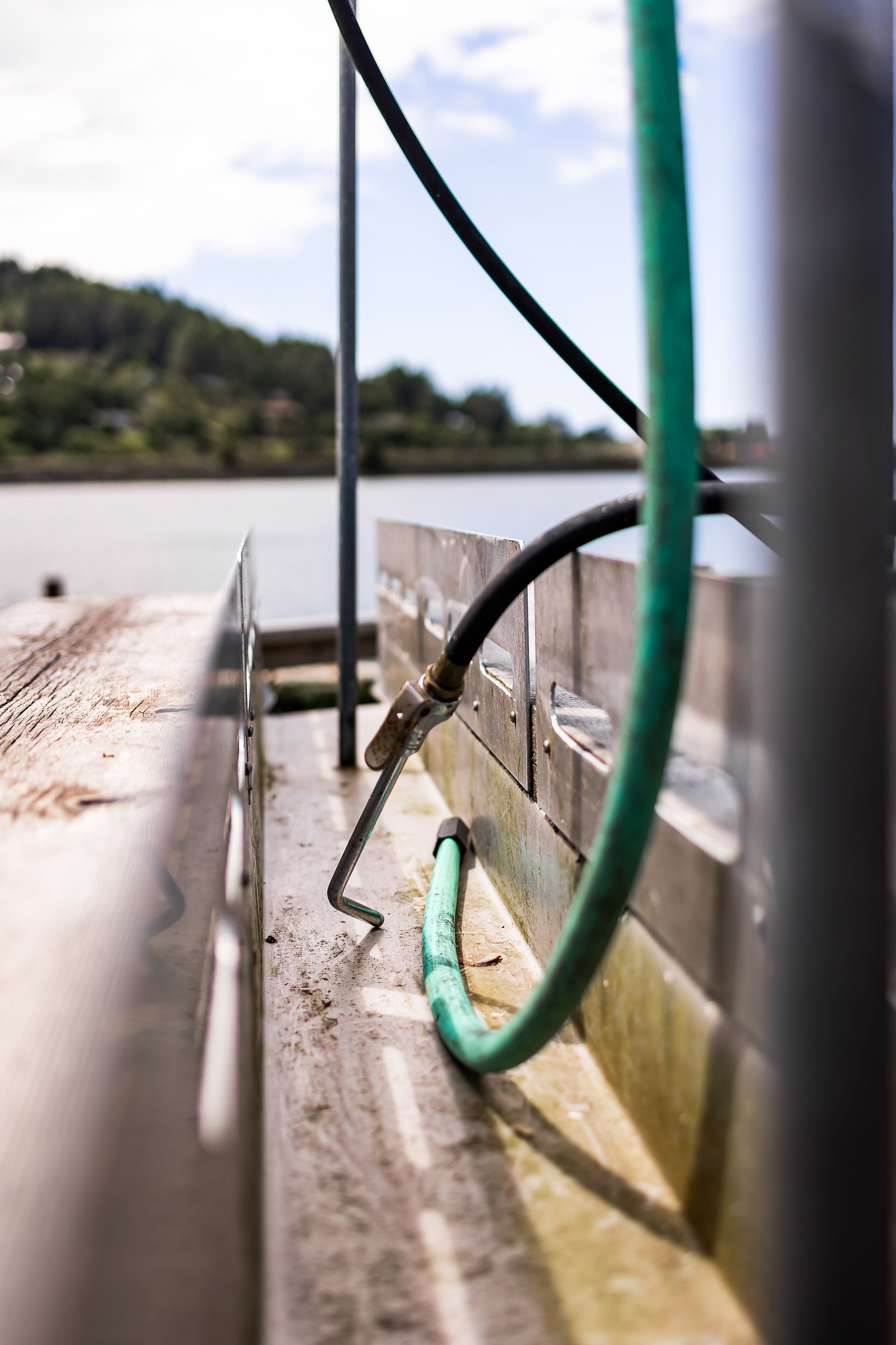 A metal railing with a green hose attached, overlooking a body of water and greenery.