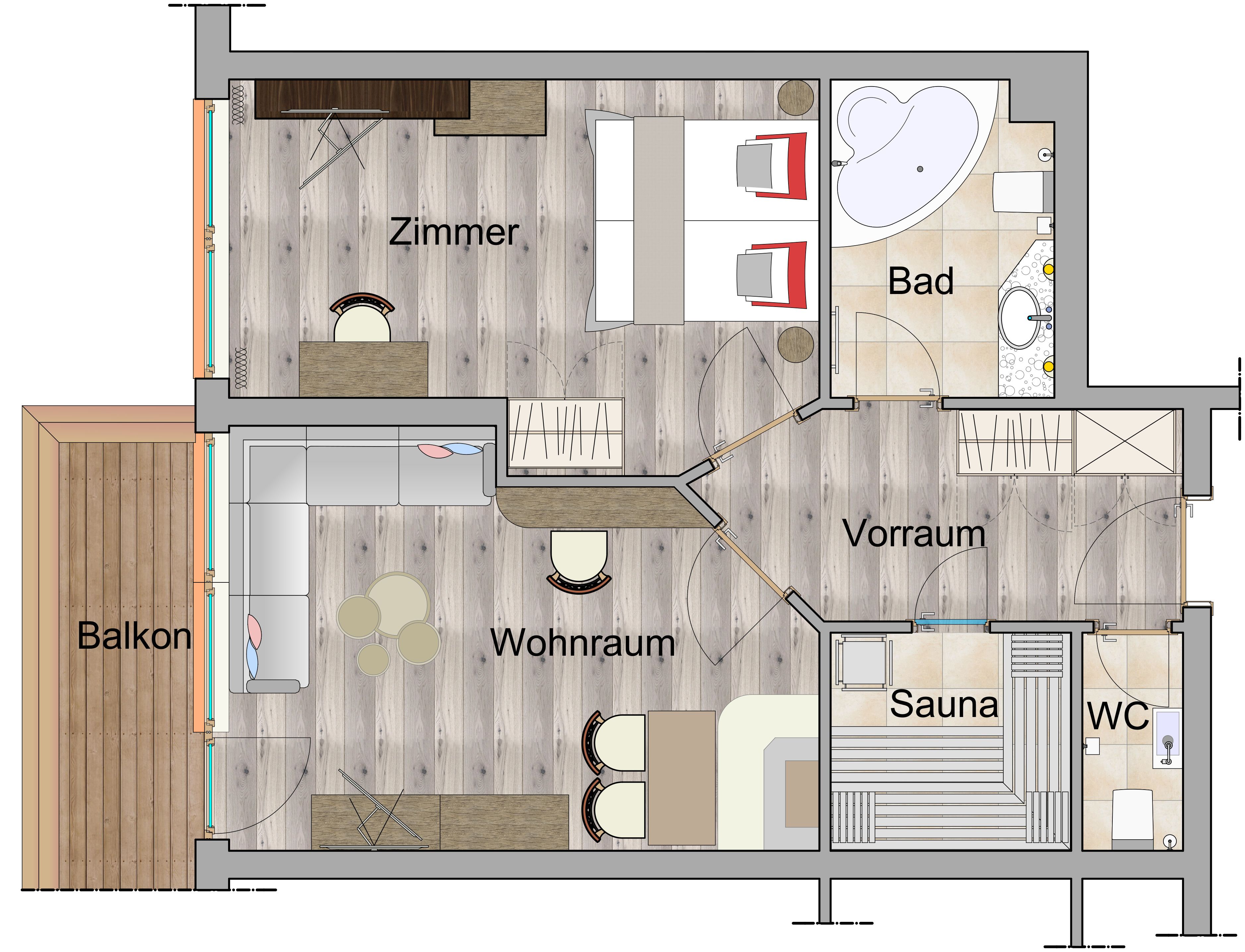 A floor plan of a hotel with a balcony, living room, bathroom, sauna, and WC.