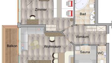A floor plan of a hotel with a balcony, living room, bathroom, sauna, and WC.