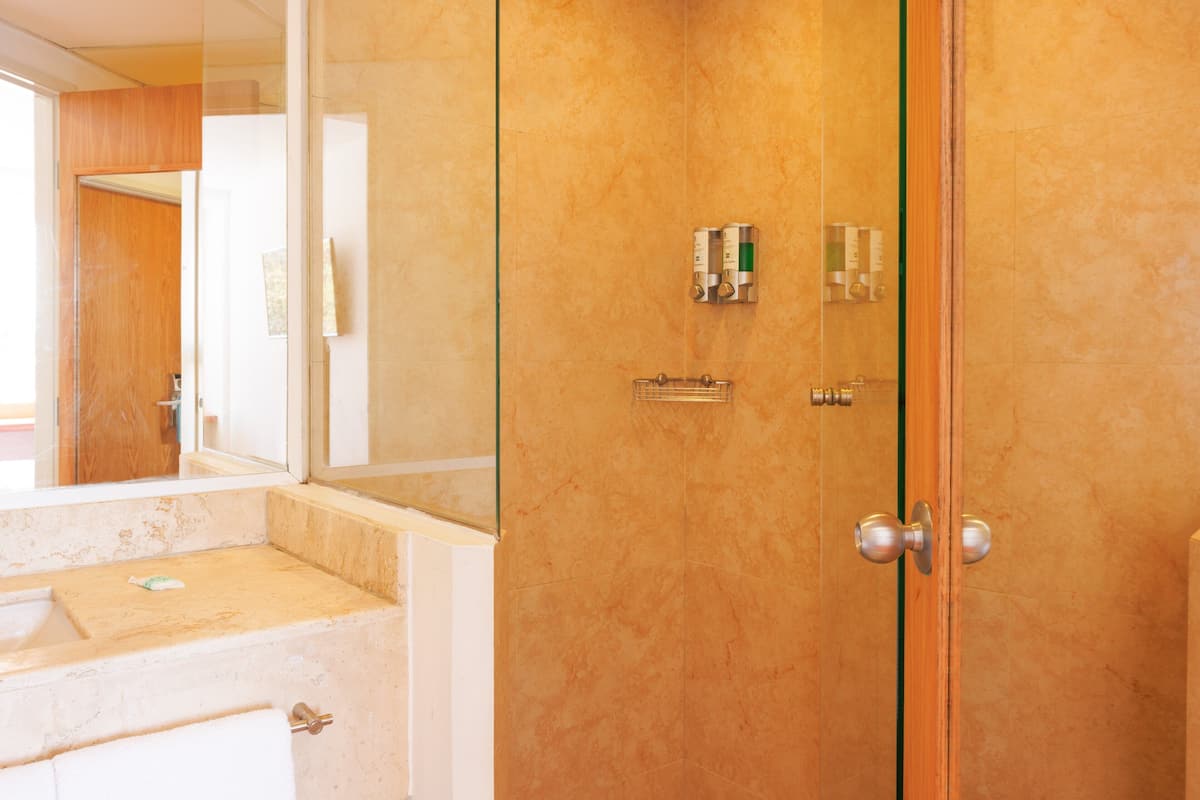 Shower, eco-friendly toiletries, towels
