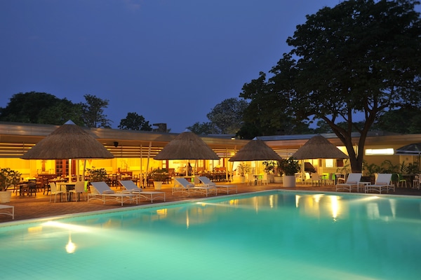 Outdoor pool, pool umbrellas, pool loungers