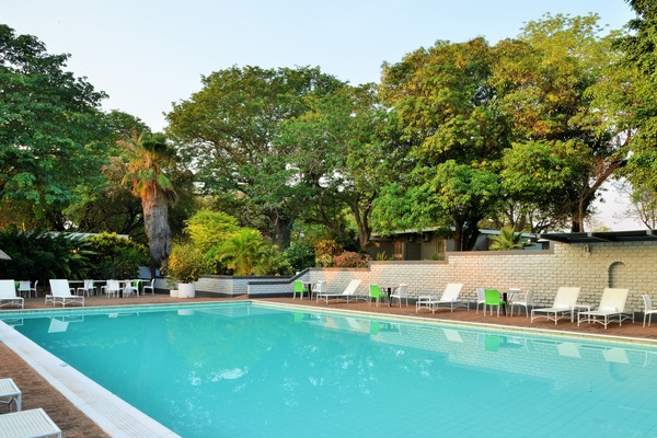 Outdoor pool, pool umbrellas, pool loungers