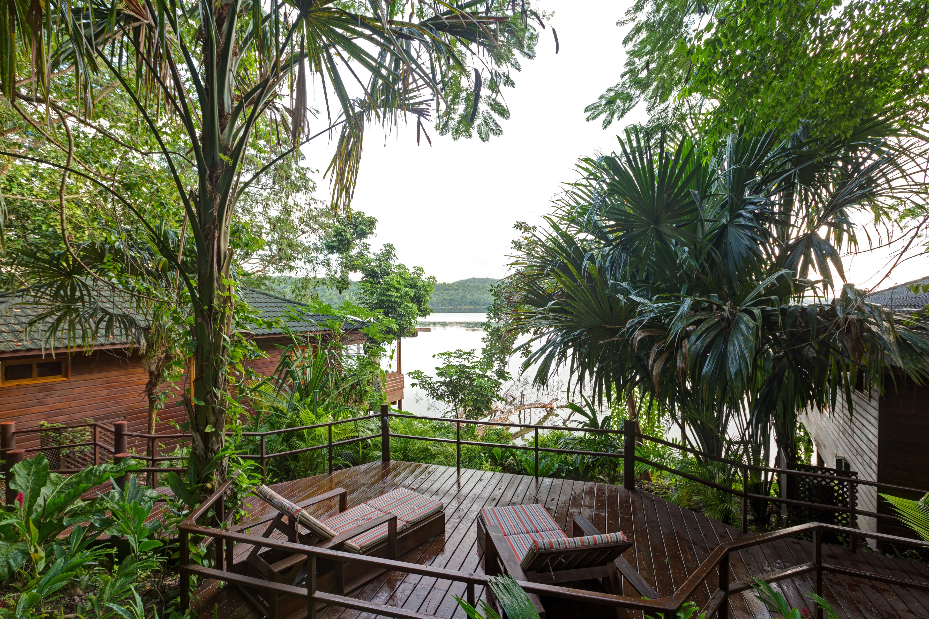 A wooden deck with seating, surrounded by lush greenery and overlooking a body of water.