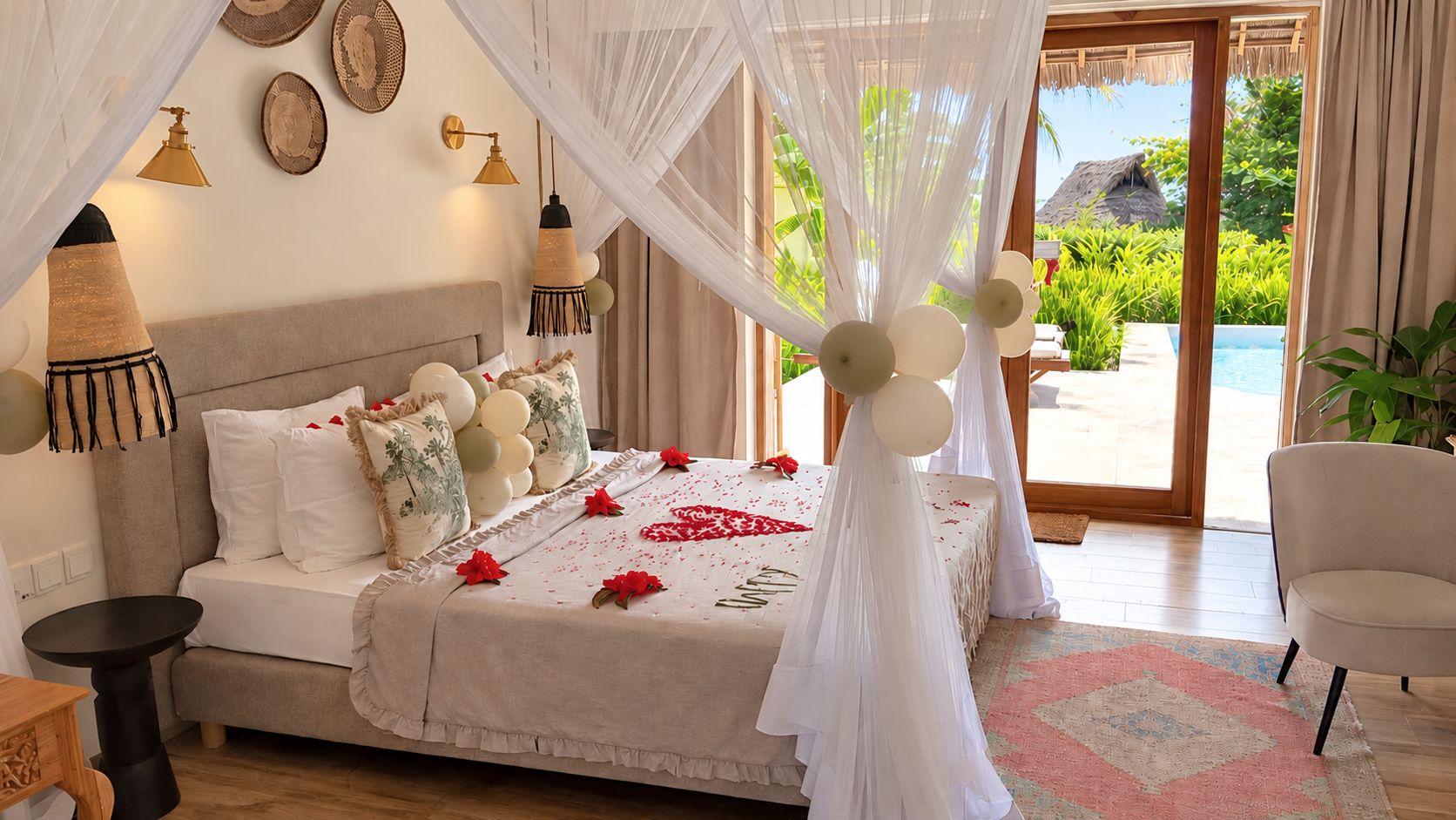 A bedroom with a bed, bedside tables, a canopy, and a view of a pool and greenery.