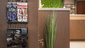 A magazine rack with various publications, a decorative metal sign, and a plant in a modern kitchen setting. - Hotel Sleep Wroclaw (Wroclaw)
