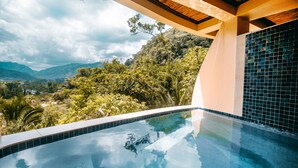 Una piscina infinita moderna con vistas despejadas a exuberante vegetación y montañas al fondo.