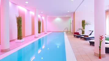 Indoor pool, open 7:00 AM to 9:30 PM, pool loungers