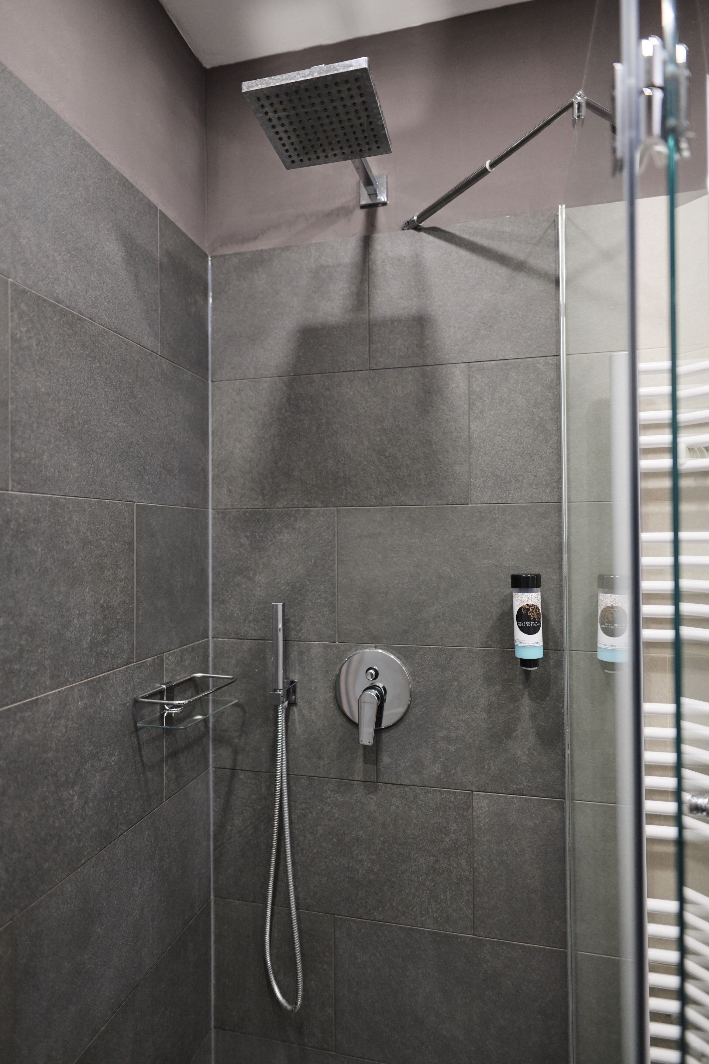 A modern shower area with a glass enclosure, a handheld showerhead, and a control panel.
