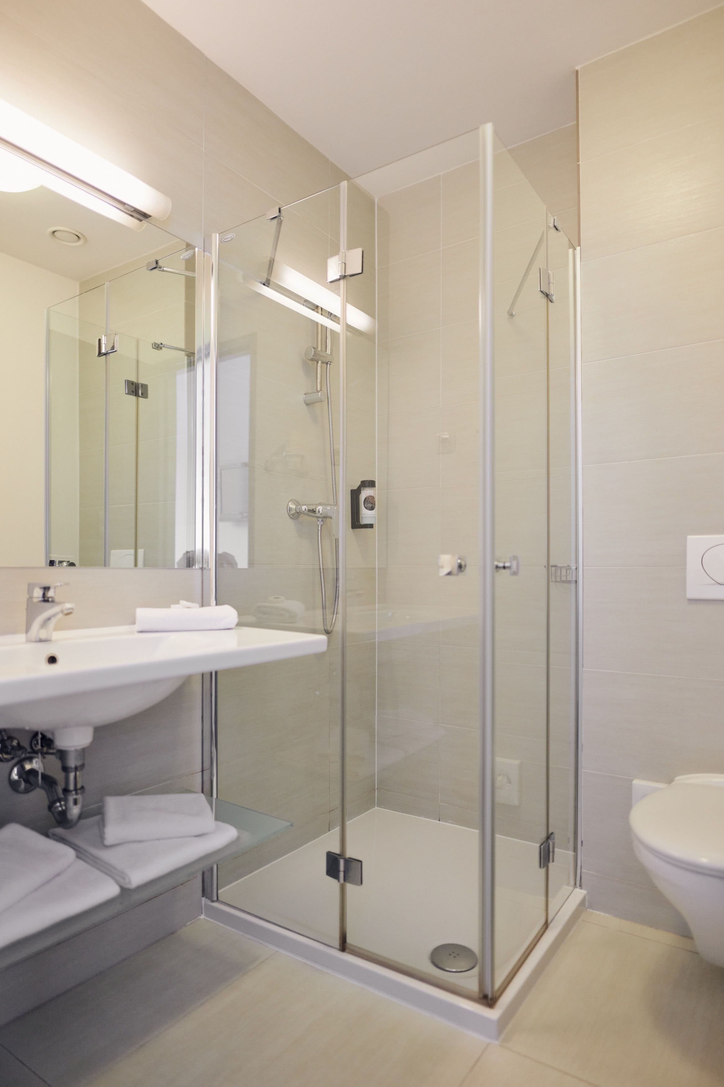 Un baño moderno con ducha envuelta en vidrio, un lavamanos blanco y un inodoro.