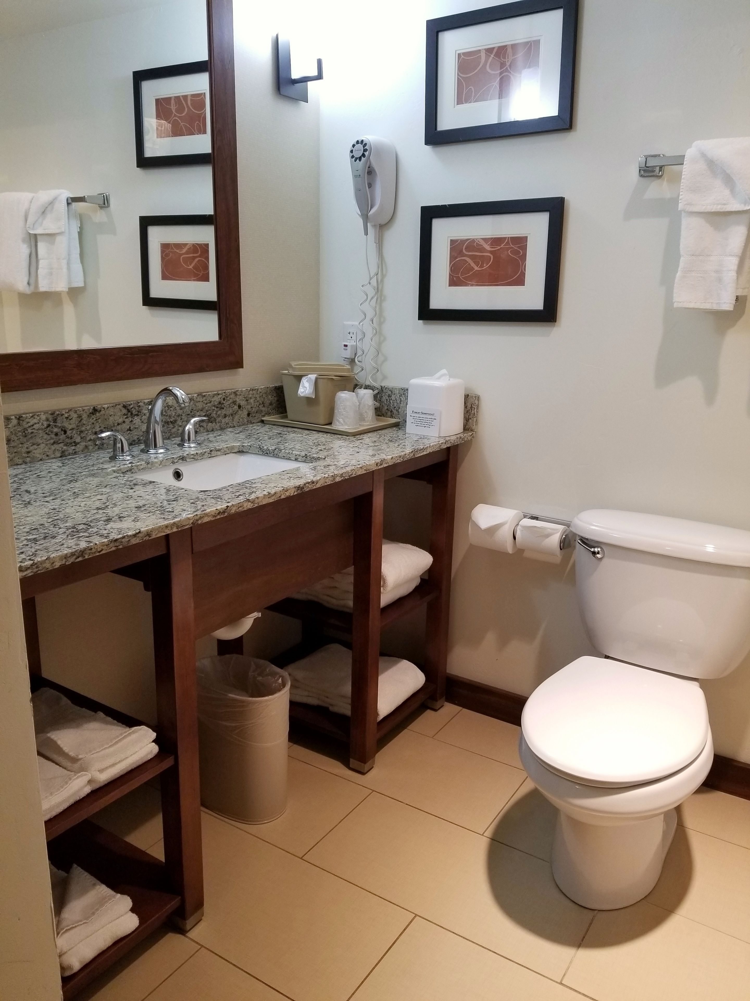 combined shower/bathtub, free toiletries, hair dryer, towels