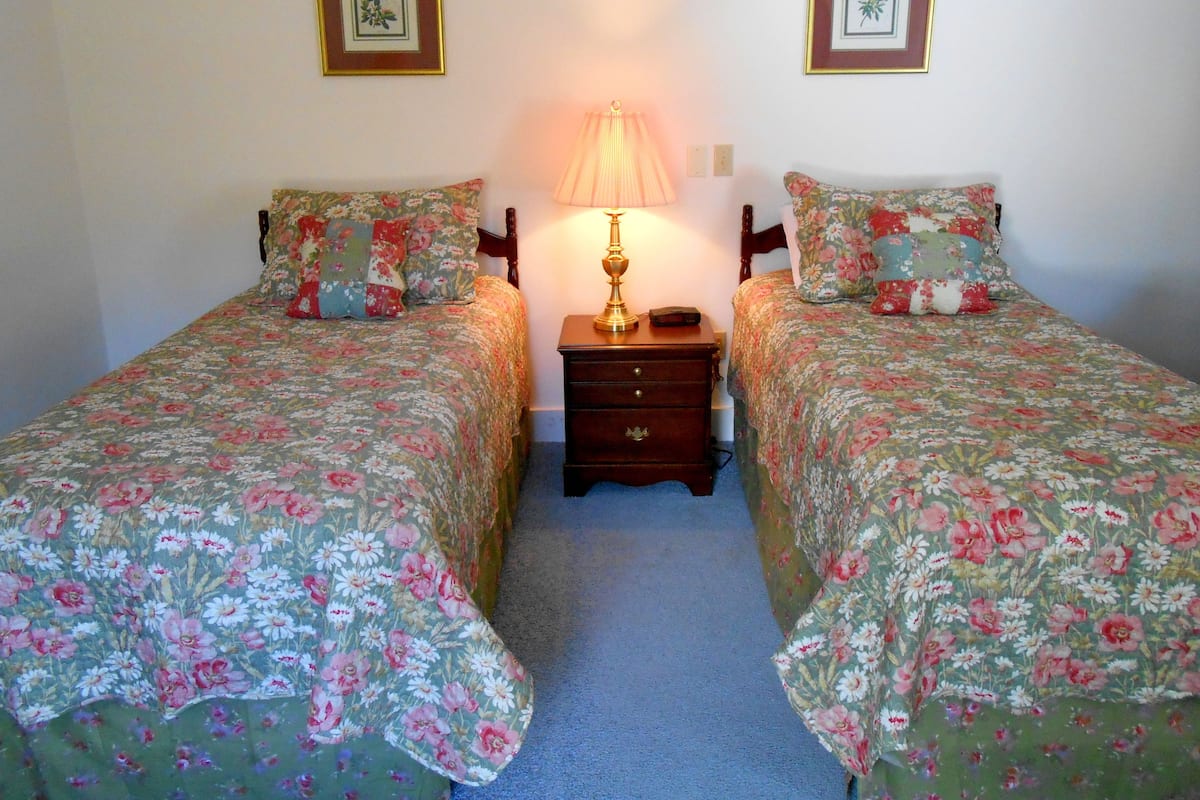A bedroom with two single beds, a nightstand with a lamp, and two framed pictures on the wall.
