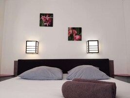 Individually decorated, desk, laptop workspace, blackout drapes