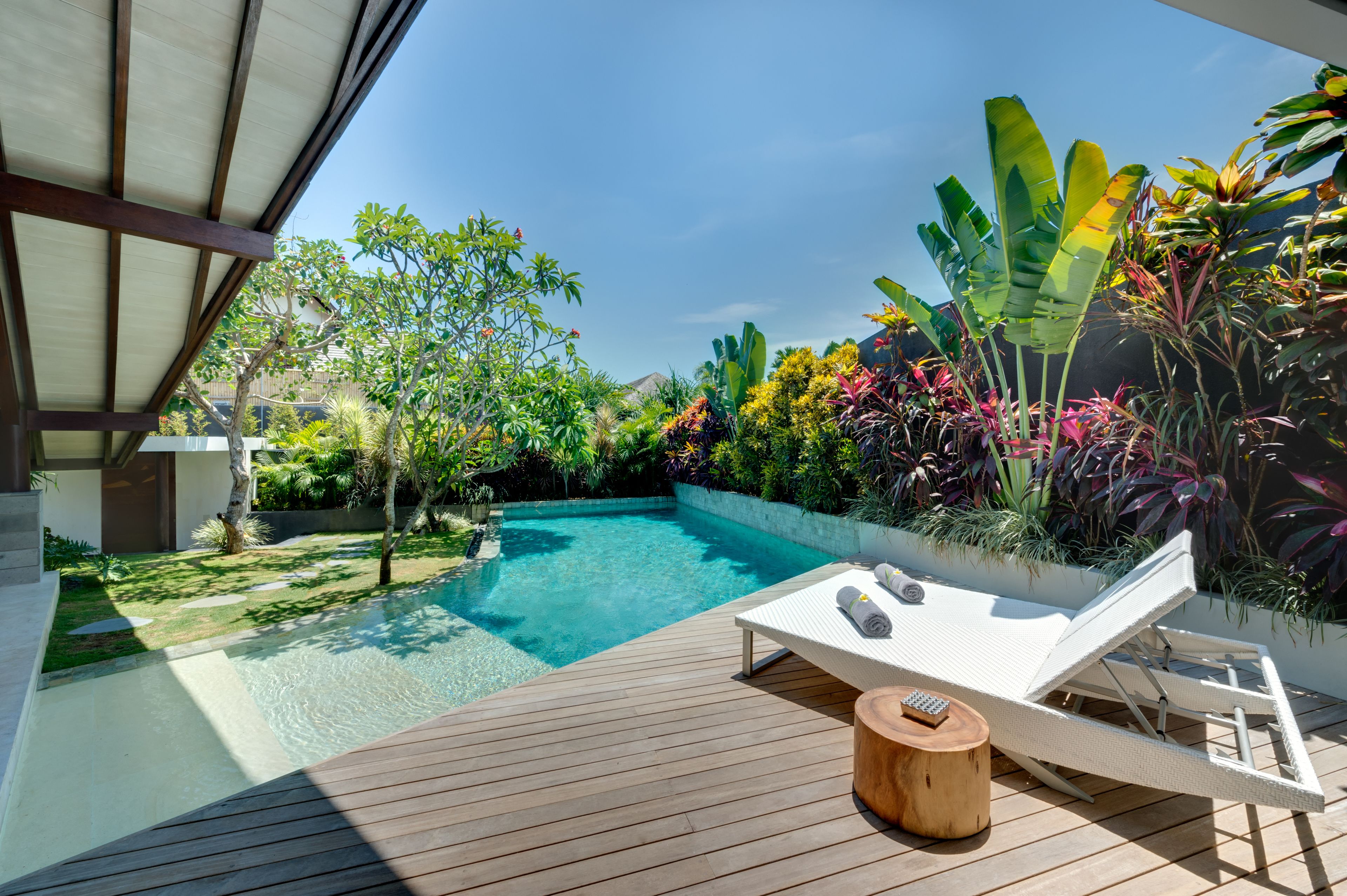 A modern outdoor pool area with a wooden deck, lounge chairs, and lush tropical plants.
