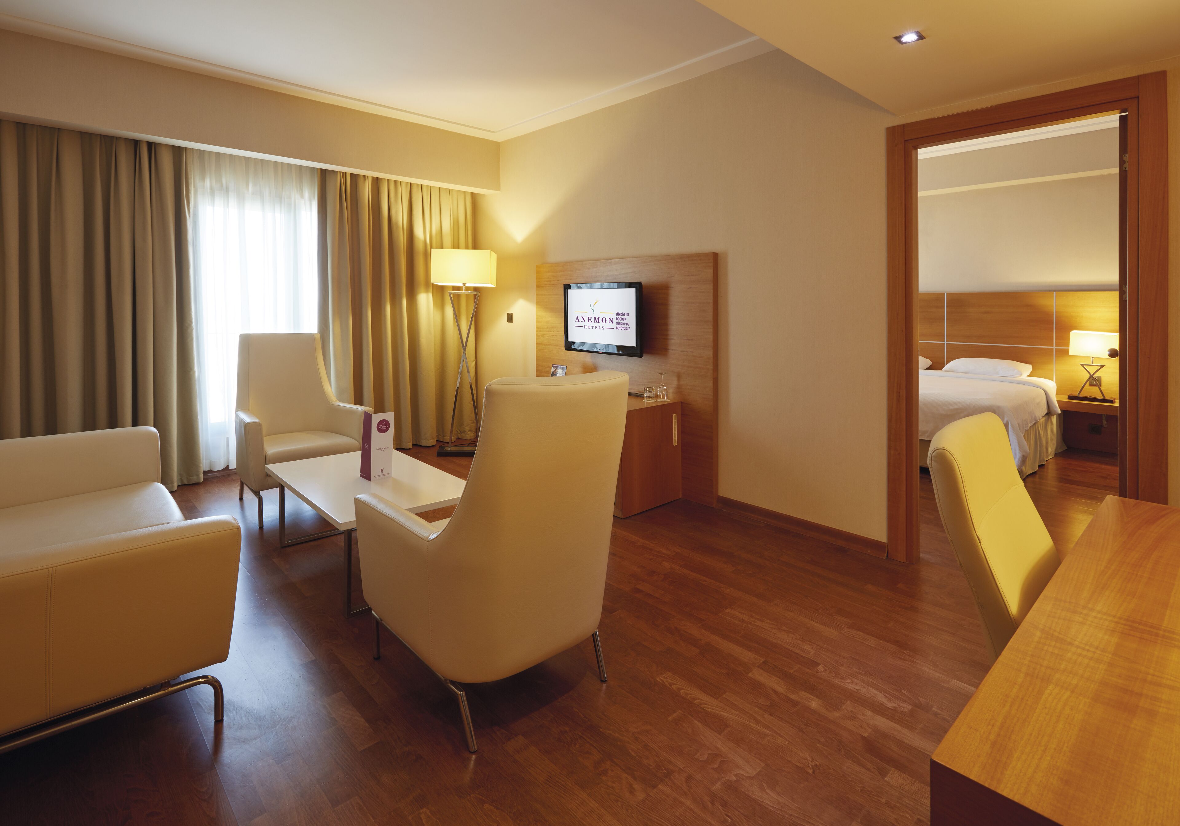 Habitación de hotel con suelo de madera, cama, escritorio con televisor, silla y sofá.