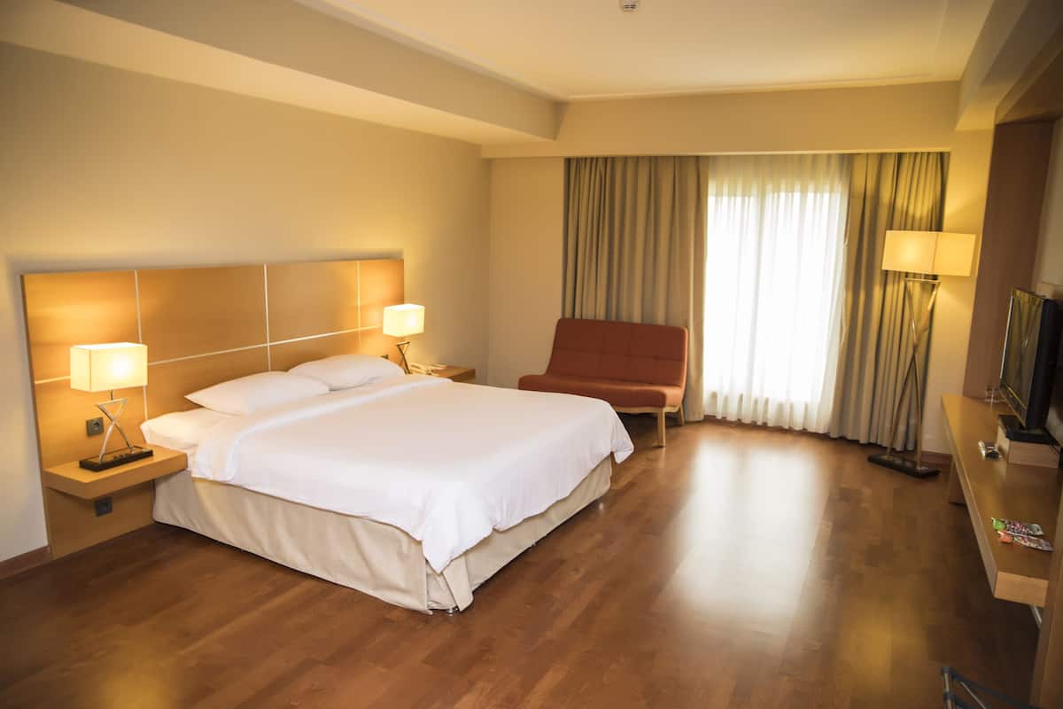 Habitación de hotel con una cama grande, dos mesitas de noche con lámparas, una silla, un escritorio con televisor y una ventana con cortinas.