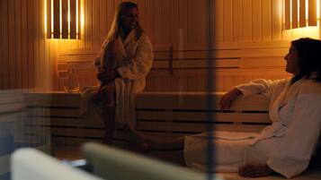 A sauna with wooden benches and wall-mounted lights.