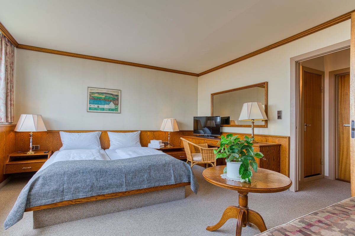 A hotel room with a bed, bedside tables, a desk with a chair, a television, a mirror, and a potted plant.