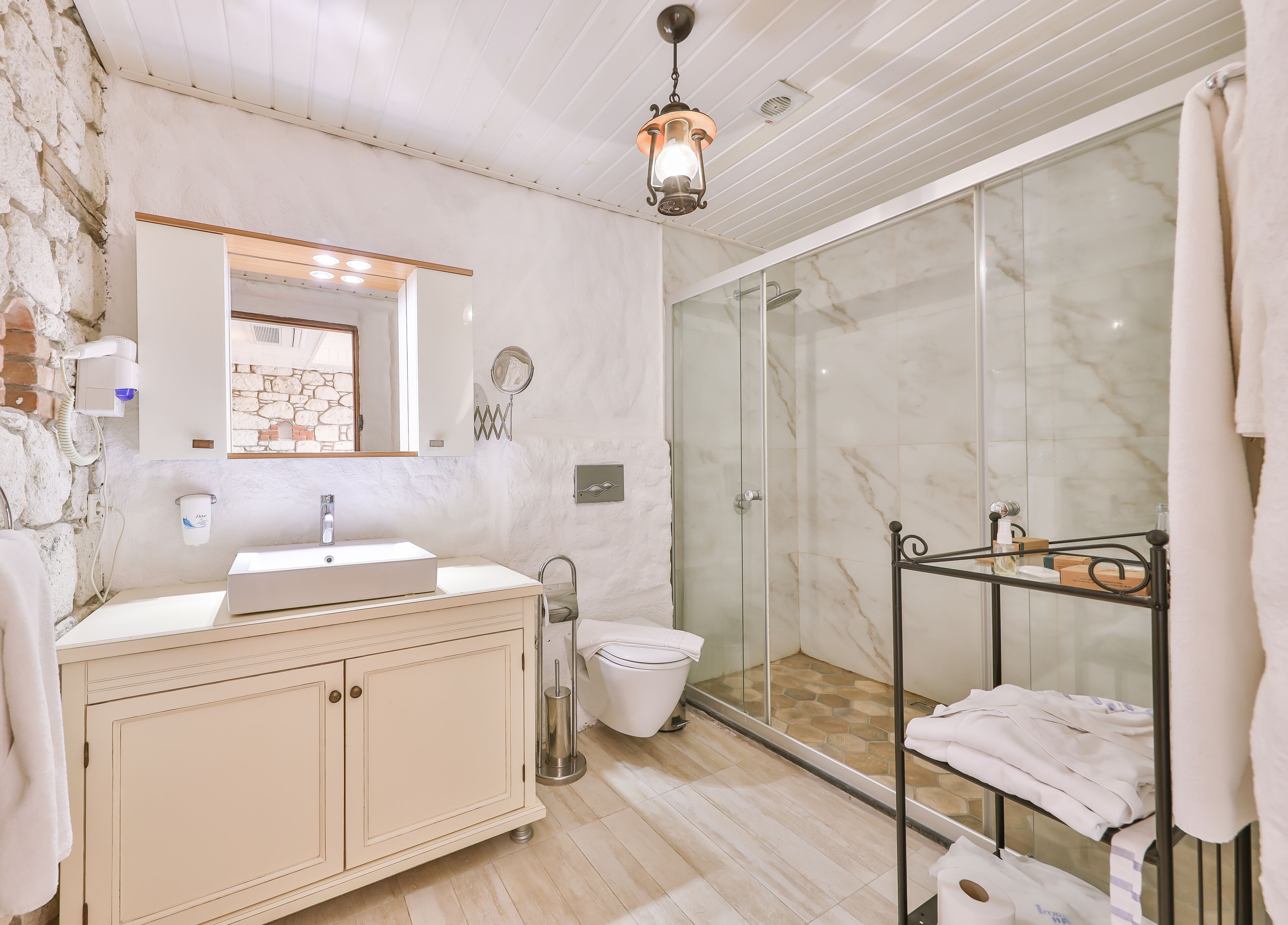 standard double room | bathroom | shower, hair dryer, slippers, towels