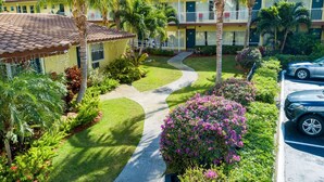 Un hotel con un patio que cuenta con un sendero curvo, palmeras y un césped bien cuidado.
