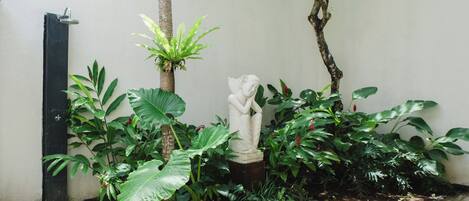 A garden with a statue, various plants, and a concrete pathway.