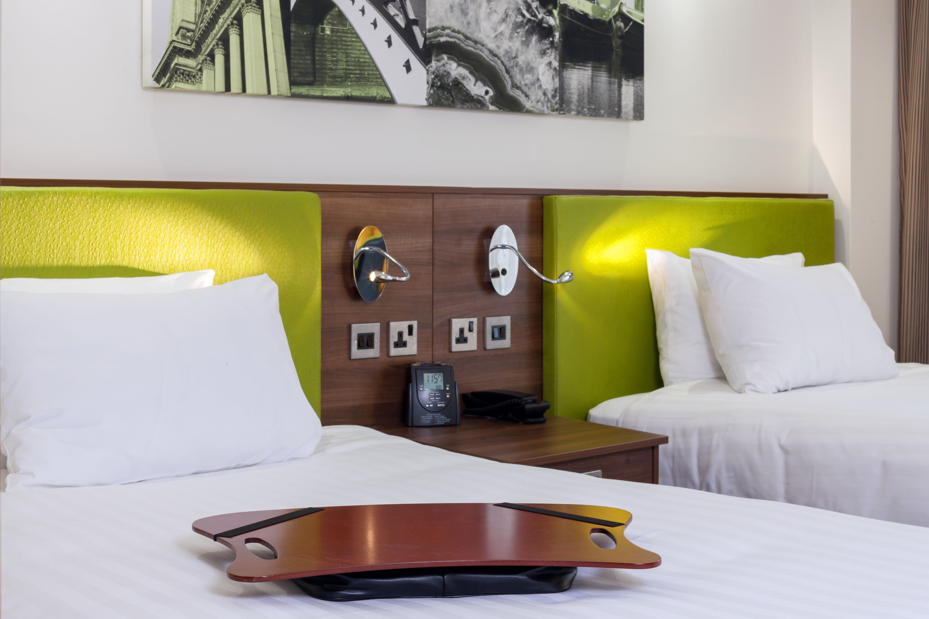 twin room | in-room safe, desk, laptop workspace, iron/ironing board