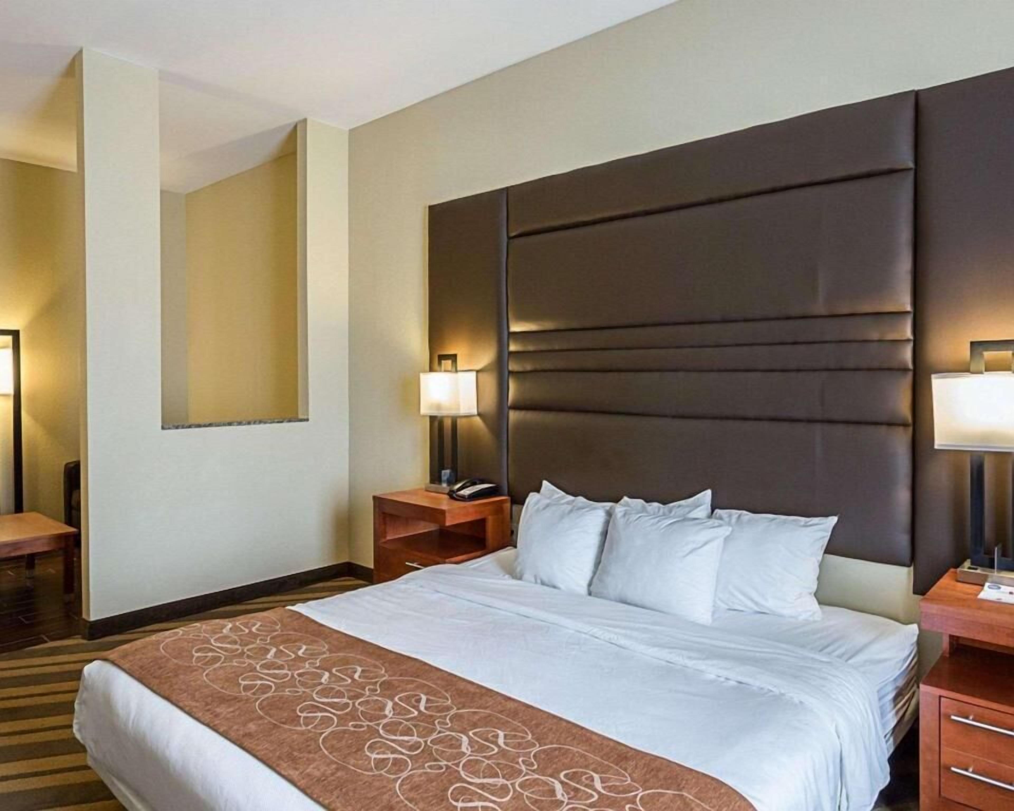 Premium bedding, desk, blackout drapes, iron/ironing board