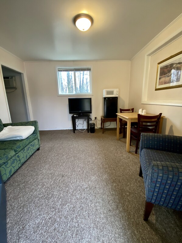 A compact living space with a green sofa, a blue sofa, a small table, a TV, and a microwave.