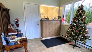 Un salon avec une table basse en bois, une poubelle, un canapé vert, un sapin de Noël et un coin cuisine doté d’un comptoir en bois et d’un drapeau américain.