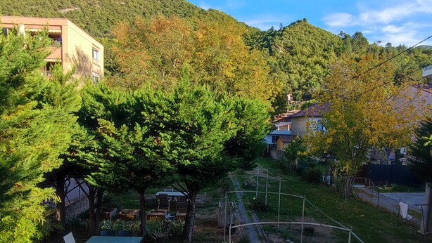 Un jardín con un pérgola, mobiliario exterior y viñedos.