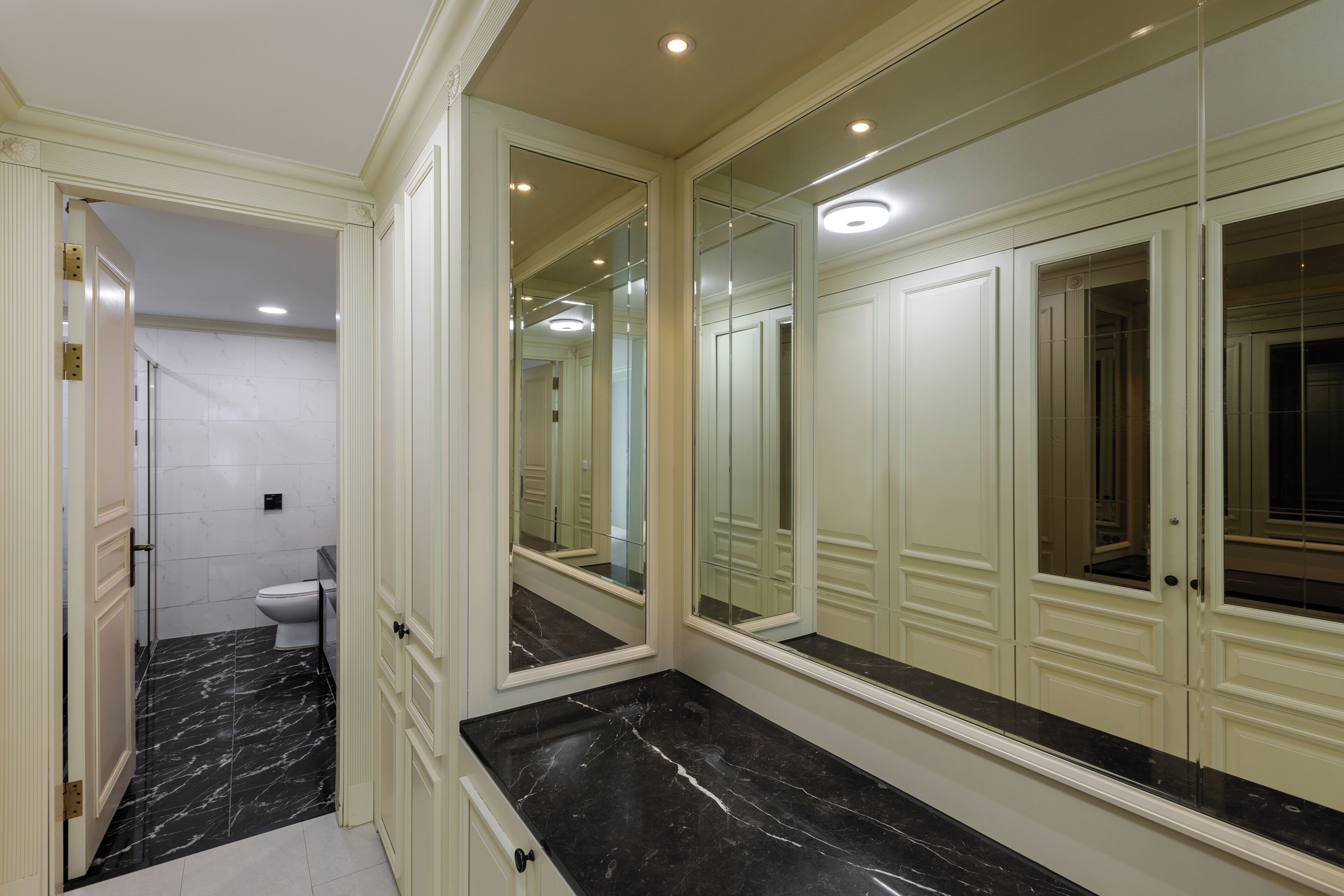 Une salle de bain équipée de toilettes, d’un miroir et d’un meuble-lavabo avec un plan de travail en marbre.