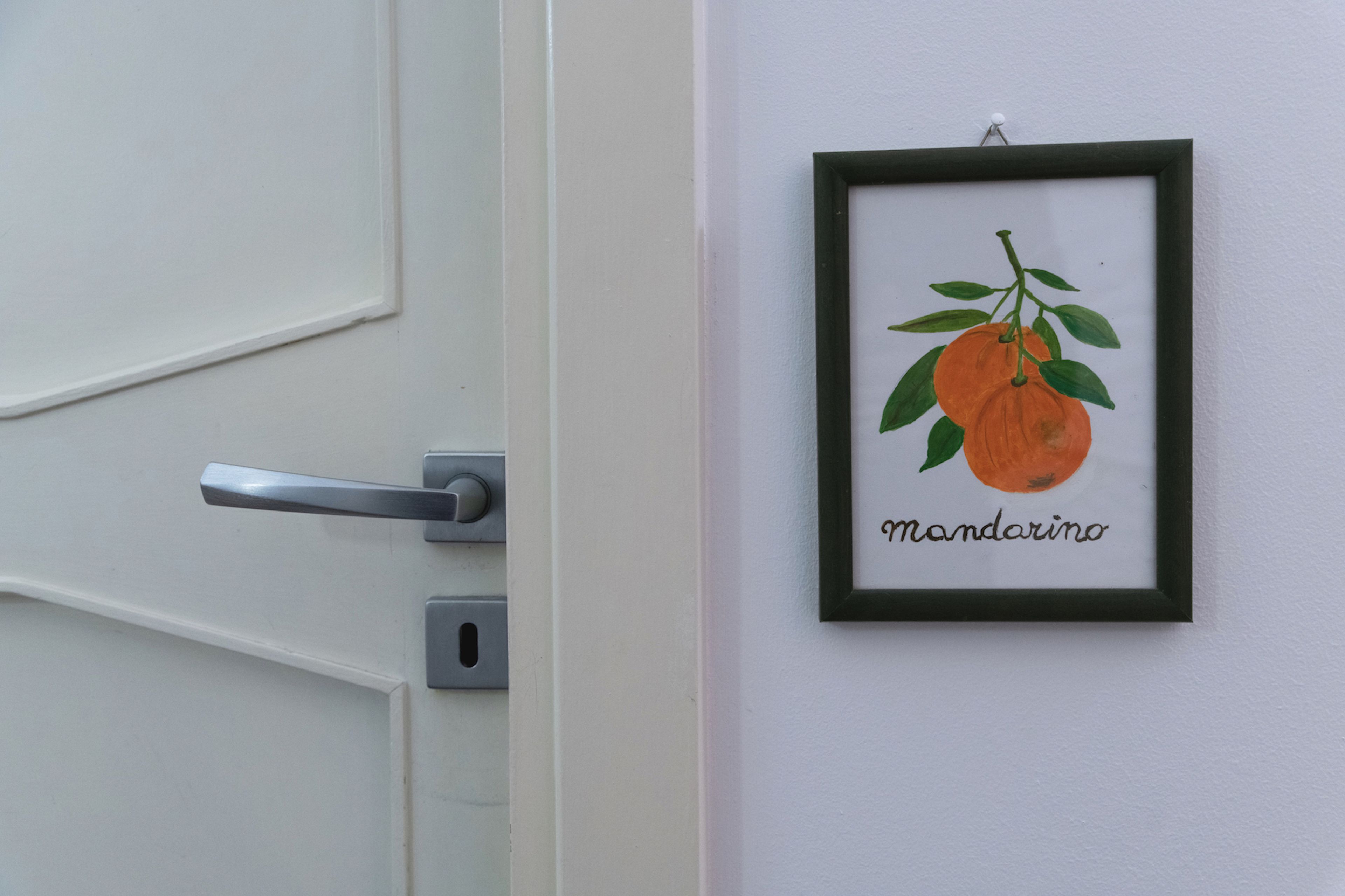 Uma porta com puxador prateado e um quadro com uma laranja-mandarina na parede.