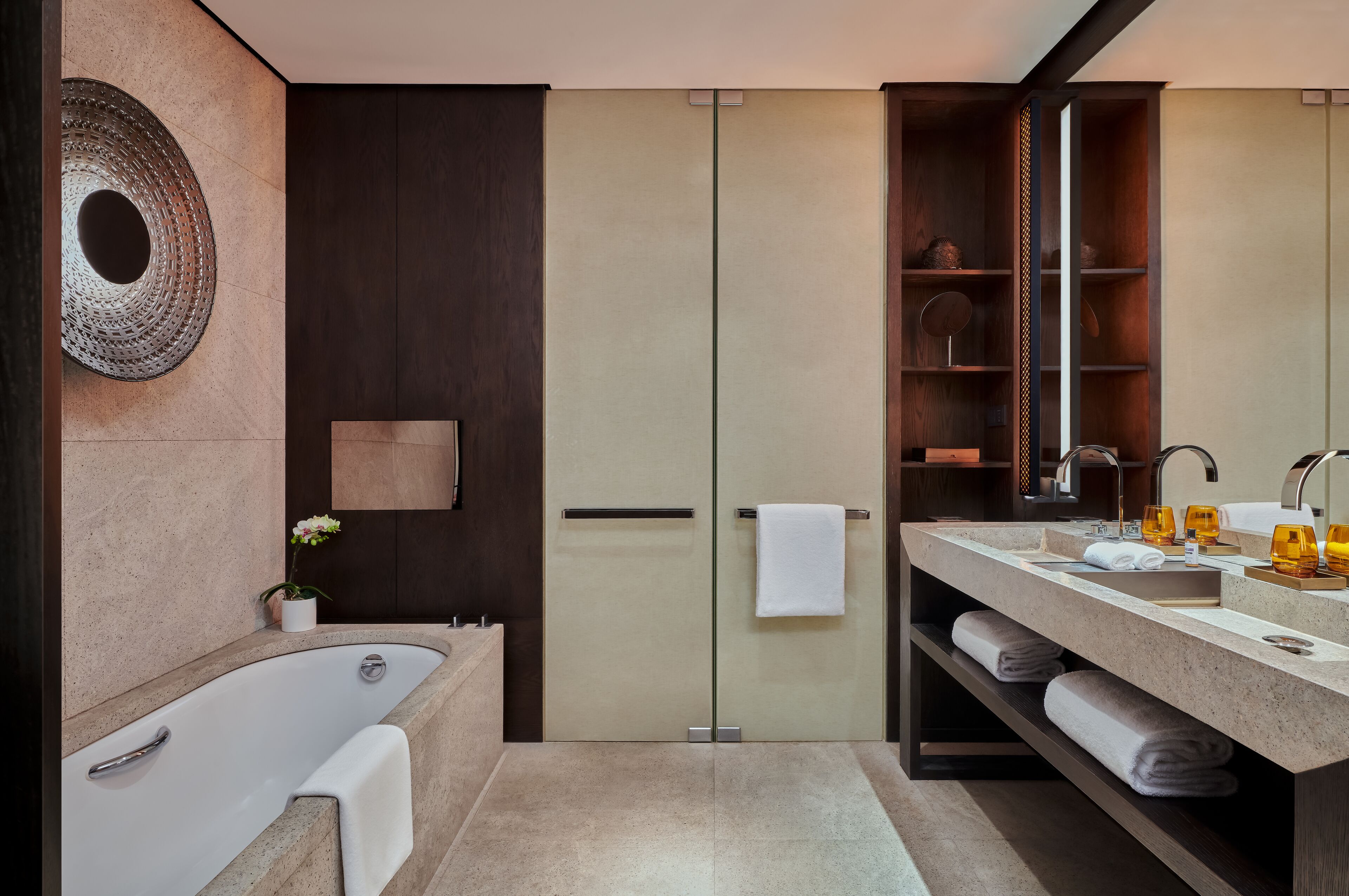 separate bathtub and shower, free toiletries, hair dryer, bathrobes