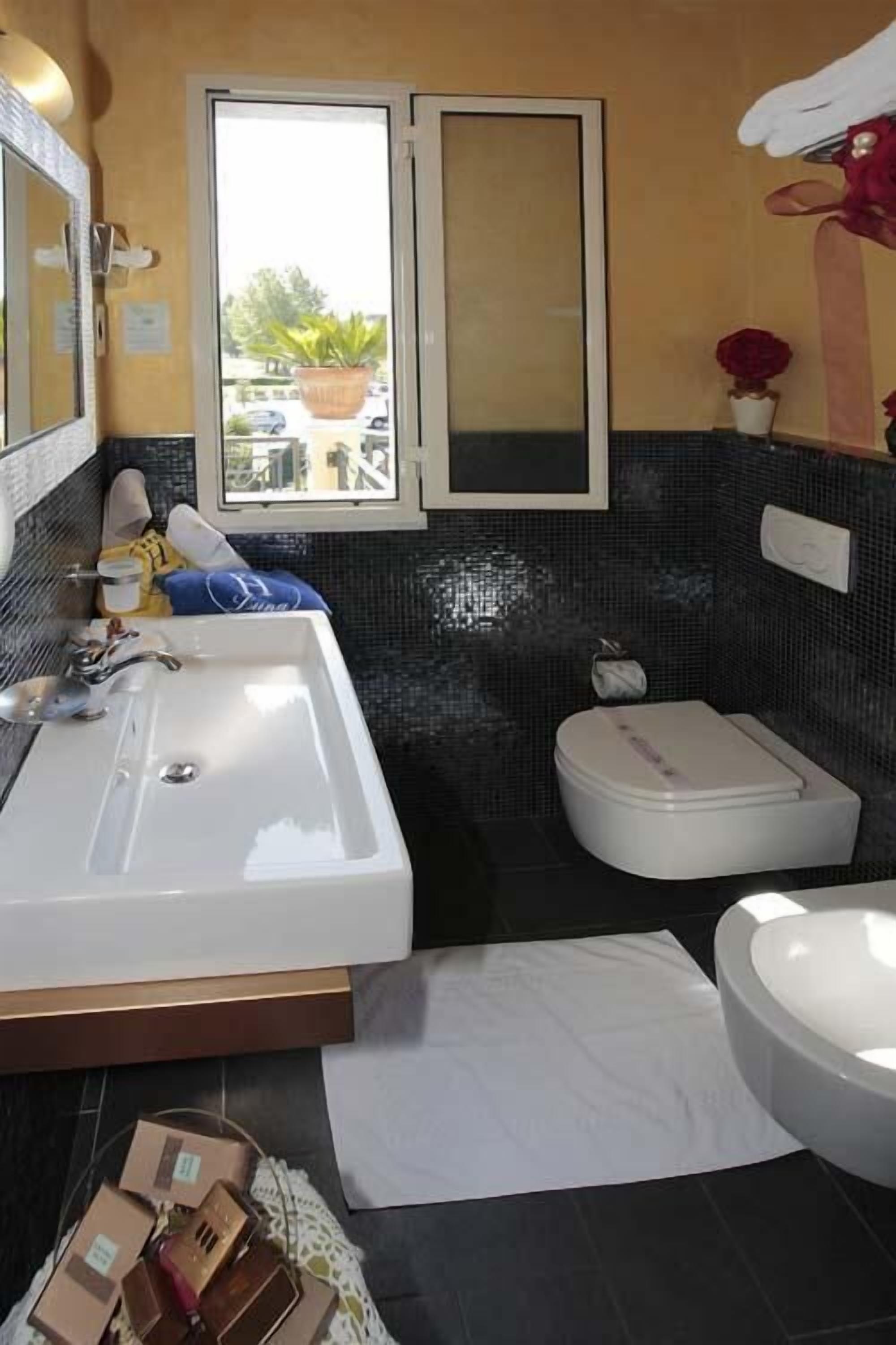Een badkamer met een groot wit wastafel, toilet en een raam met uitzicht op de omgeving.