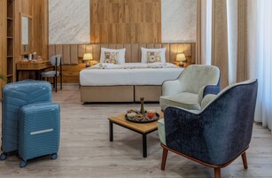 A hotel room with a bed, two armchairs, a small table, and a desk with a chair. There are two suitcases and a vase on the table.