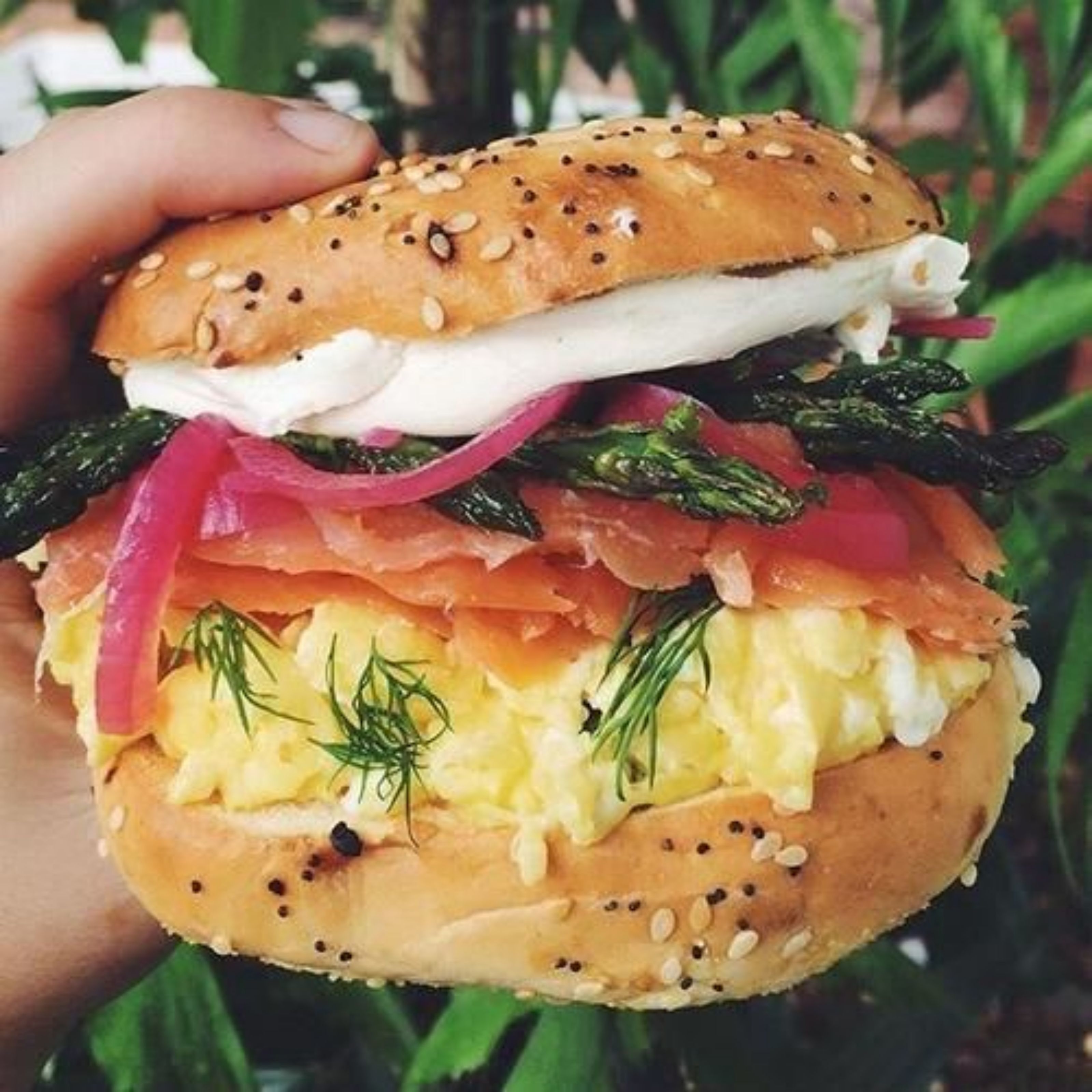 A sandwich with various ingredients.